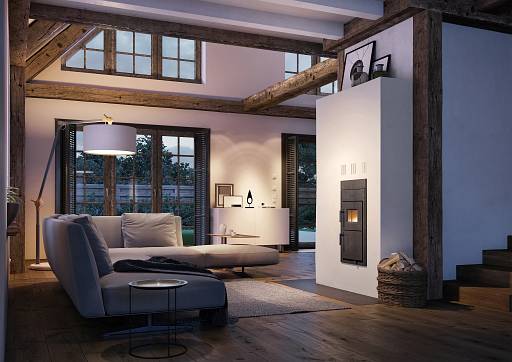 Moderne Technik in einem ansprechenden Wohnumfeld: Die neuen Buderus Festbrennstoff-Heizeinsätze Logaflame eignen sich sehr gut als Austauschgeräte in bestehenden Gebäuden. © Bosch Thermotechnik GmbH, Buderus Deutschland © Bosch Thermotechnik GmbH, Buderus Deutschland